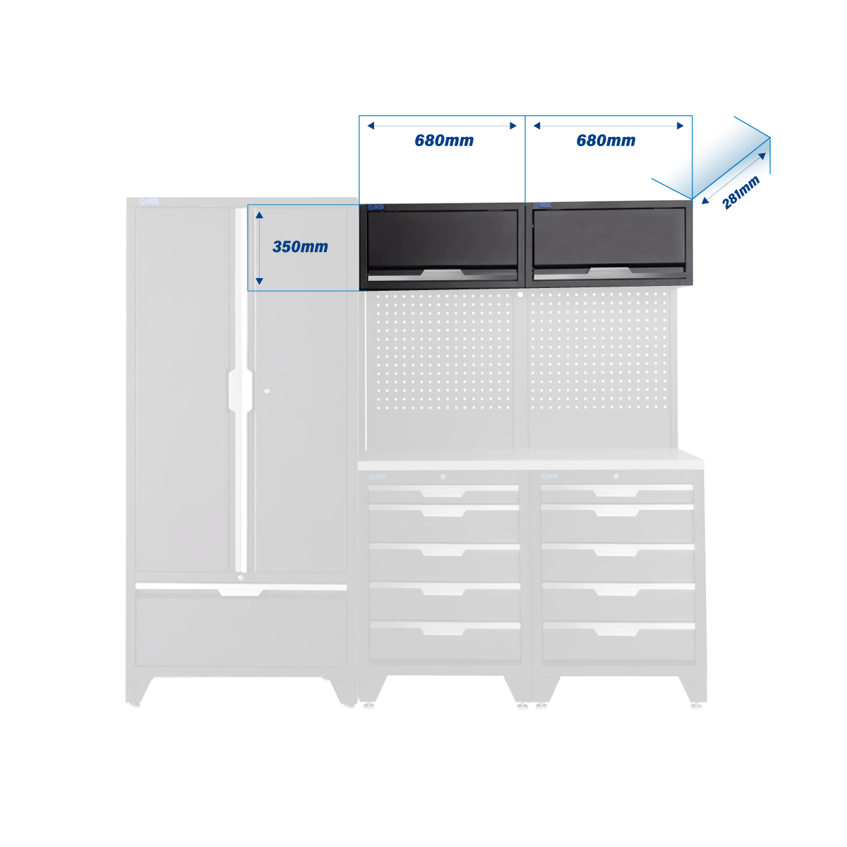 SGS 7pc Modular Garage Storage | 10 Drawers | Stainless Steel Worktop | 2x Upper Cabinets | Tall Double Cabinet | Tall Double Cabinet with Drawer